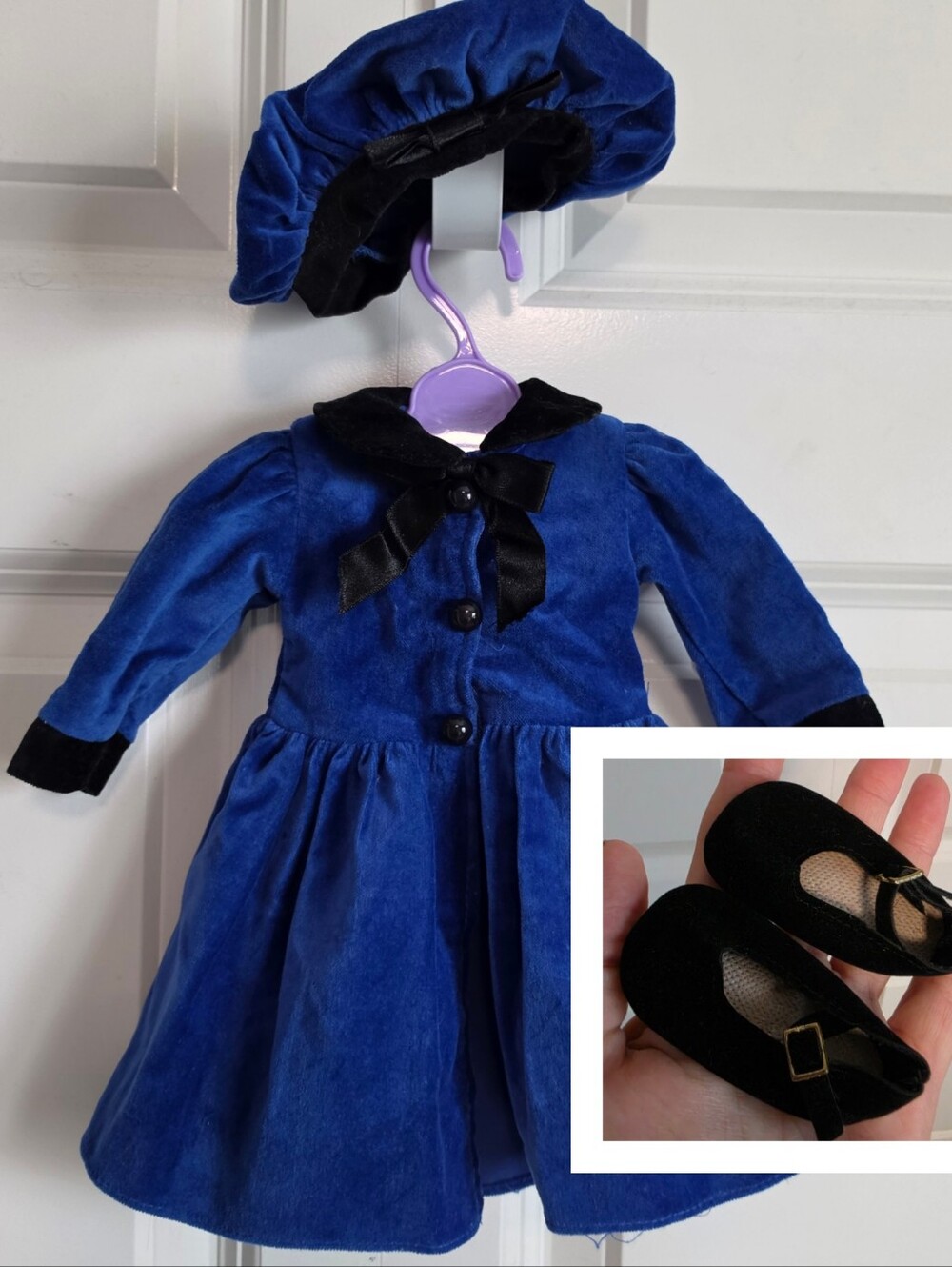 Royal Blue Velvet Dress with beret Hat & mary jane shoes american girl 18in doll